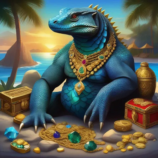 Prompt: a Komodo dragon with a gradient blue/grey skin, wearing jewelry, gold chain, glaring at the viewer,  a detailed background, a beach at night, guarding an ornate-looking treasure chest, gemstones, rubies, emeralds, diamonds, gold coins on the floor, piles of gold, dragon's hoard, traditional art, D&D, HD