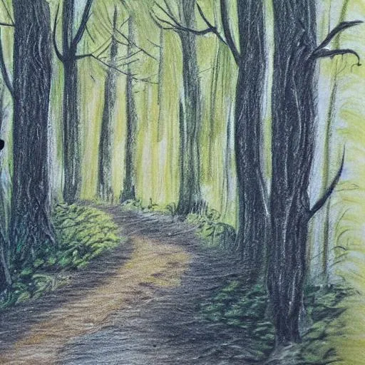 Prompt: a forest path crossed by a doe and her two cubs, drawn on canvas