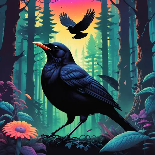 Prompt: Create an album art cover that shows a heroic blackbird.  the surrounding forest is a psychedelic futurist space. a new world