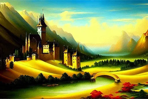 Prompt: realistic medieval oil painting of beautiful scenery