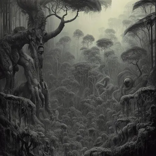 Prompt: monochrome, H.R. Geiger, beksinski, folating rainforest jungle, dense, hellish, monsters, trees, lava