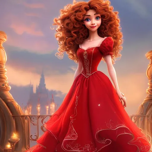 Prompt: Cindrella in red long dress, red curly hair, beautiful hands and legs, beautiful face with detailed features, 8K, fully hd, animated 