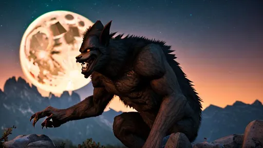 Prompt: Realistic werewolf holding a child's hand with a friendly smile as the full moon rises over the mountains