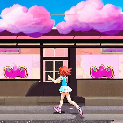 Prompt:  anime girl running with dog in tokio down the streets, pink clouds around and sunny. Donut shop on the background 