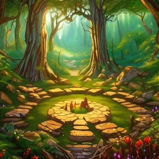 Prompt: dnd art, forest clearing, magical, peaceful, faerie circle, stone henge