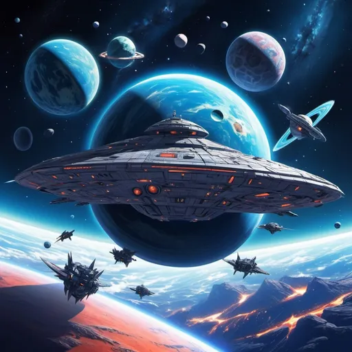 Prompt: Anime starship horde, in orbit of an azure planet, illustration