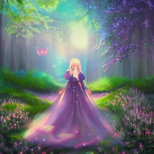Prompt: Witch, aesthetic, forest, nature, cottage core, pastel, beautiful, final fantasy, fantastical, magic, painting, fairy, fairycore, butterfly wings, strawberries, lavender, cute, flowers, soft, lemons, art, cat, rpg, sweet, milk, crystals, highres, bumble bee, illustration, Steven universe
