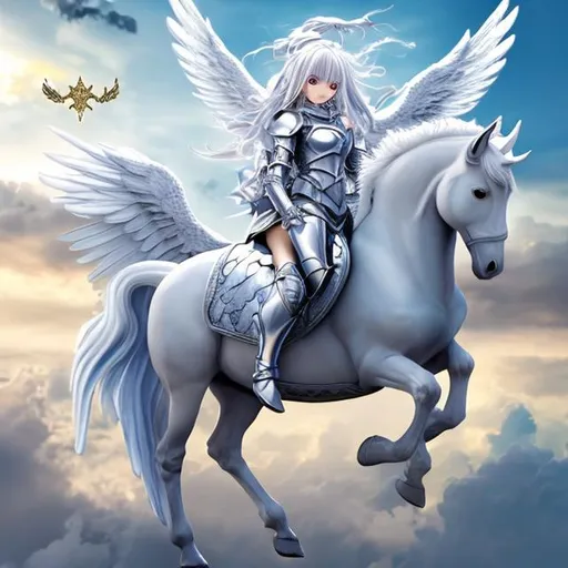 Prompt: knight girl anime on pegasus horse with wings, sky