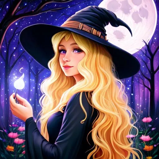 Prompt: a young witch with flowing blonde hair, Disney style, witch hat, moon, forest, flowers, nighttime, galaxy, soft light, art, painting, sweet, fireflies, vaporwave