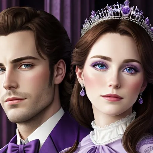 Prompt: European prince and princess wearing purple, facial closeup