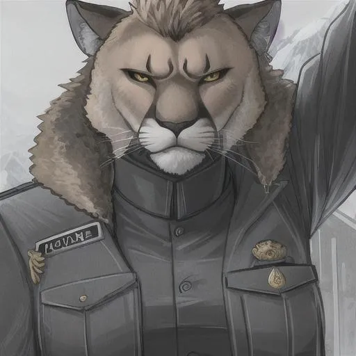 Prompt: Anthropomorphic male Mountain Lion with a seriously stern look and wearing a policeman's uniform, 4K resolution