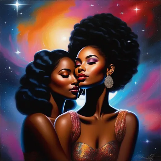 Prompt: (masterpiece, professional oil painting, epic digital art, best quality:1.5), Two female African-American lovers, holding each other close, ((bright colors)) (((DreamShaper Version 1))), equal proportions, equal body ratio, equal face ratio, floating through space, stars, galaxies, nebulas, 50s pinup style