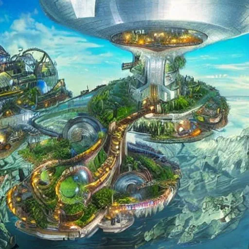 Prompt: A floating city suspended in the sky, accessible only by airships or magical portals. It's a hub of advanced technology and mystical wonders, with sprawling gardens and magnificent waterfalls cascading from the edges.
