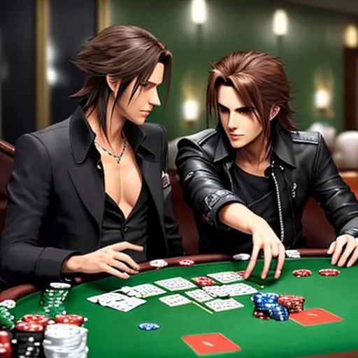 Prompt: Squall from Final Fantasy playing poker with an anthropomorphic cat