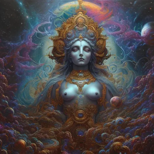 Prompt: Cosmic goddess with a human face  creating the universe, vibrant colours, majestic, beautiful, Maximalist oil on canvas painting, in the style of Paul Gustave Dore, 3D trending on Artstation CryEngine,
