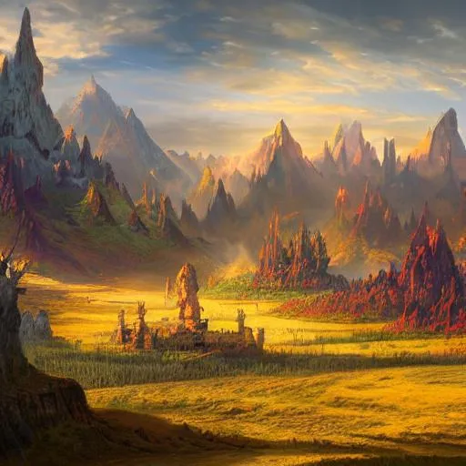 Prompt: a beautiful fantasy landscape painting of a naya panorama. magic the gathering land art by john avon and marc simonetti and Mark Keathley, trending on artstation hq 8k