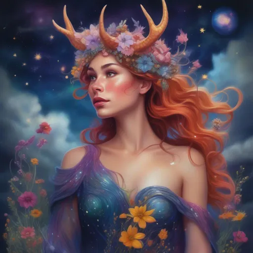 Prompt: A colourful and beautiful Persephone, she is a dragon woman, with scales for skin, antlers and gems in her hair. In a beautiful flowing dress made of wildflowers. Framed by a nighttime sky of clouds, stars and constellations. In a photorealistic painted Disney style.