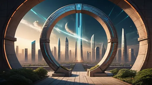 Prompt: magical portal between cities realms worlds kingdoms, circular portal, ring standing on edge, upright ring, freestanding ring, hieroglyphs on ring, complete ring, obelisks, gardens, hotels, office buildings, shopping malls, large wide-open city plaza, panoramic view, night sky, futuristic cyberpunk dystopian setting