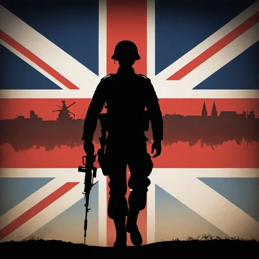 Prompt: union jack with a silhouette of a soldier