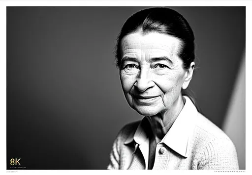 Prompt: simone de beauvoir , Composition in black and white and black, studio lighting, 8k,face detailed, smiling, highly detailed,ultra-fine detailed, looking at the camera, eyes detailed, realistic photography style, long neck
