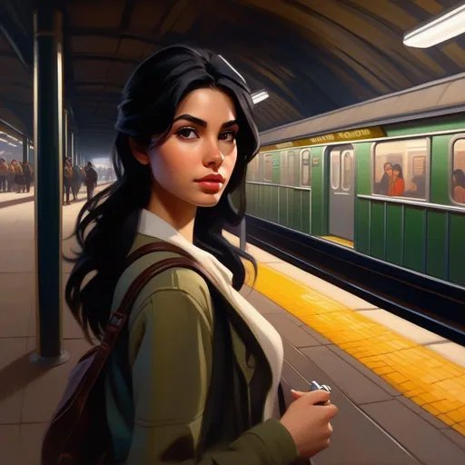 Prompt: Third person, gameplay, young woman, pale olive skin, black hair, dark brown eyes, subway station, cartoony style, extremely detailed painting by Greg Rutkowski and by Henry Justice Ford and by Steve Henderson 