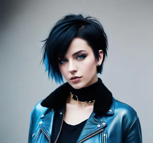 Prompt: A young beautiful punk ,25 years old ukraine female,ideal short black hair , hair in a slight mess,pretty blue eyes, ,half open lips, black clothes, wearing chocker, gridiron , focus,cool pose,cinematic lighting,golden hour photography, 64k,UHD,highly realistic,ultra realistic,dynamic potrait,cinematic,photorealistic, desert background