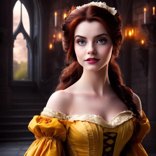 Prompt: professional photo disney belle as live action human woman hd hyper realistic beautiful brunette hair light skin brown eyes beautiful face yellow ballgown enchanting
gothic castle hd background with live action realistic red roses