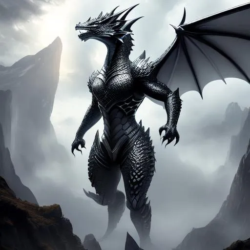 Prompt: Full-body detailed masterpiece, fantasy, high-res, quality upscaled image, perfect composition, beautiful detailed pointed ears; subject of this image is a bipedal dragon, black scales, athletic body, humanoid torso, 18k composition, 16k, 2D image, cell shaded, pale grey human face surrounded by complex detailed dragon features