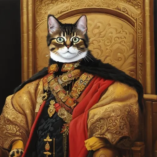 Prompt: An oil painting of a cat dressed as a emperor
