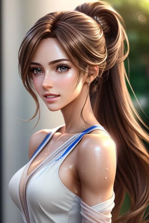 Prompt: CGI Art - realistic full body shot, Power pose, Josei anime girl, skin highlights, hair highlights, sweaty,blushing, beautiful body, looking over shoulder, hair flick, photograpgic lighting, 
wonderful face, very detailed face, extremely detailed face, highly detailed face, soft smile, happy,
perfect face, perfect eyes, perfect teeth, perfect body, perfect anatomy, trending on artstation, trending on cgsociety, white sclera,
photorealistic, masterpiece, cinematic, 16k artistic photography, epic, drama,cinematic lighting, dramatic lighting, insanely detailed, soft natural volumetric lighting, award-winning photography, rendering, hd, high definition, highly detailed