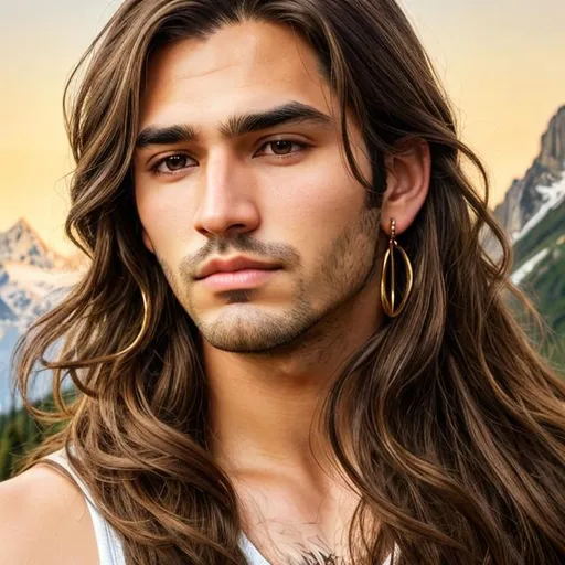 Prompt: man, brown middle part hair, medium long hair, brown eyes, thick black eyebrows, juicy lips, beautiful nose, oval face, golden earring left side ear, mountain background, detailed face portrait, realism, 4k, HD