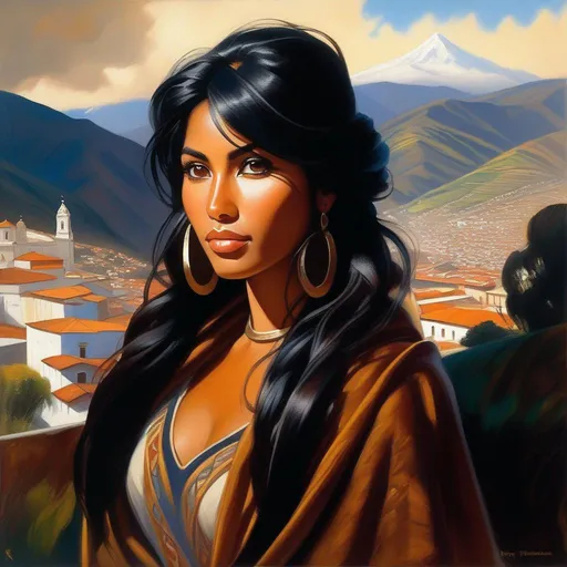 Prompt: Equatorian woman, tan skin, black hair, dark brown eyes, in Quito, cartoony, cold atmosphere, extremely detailed painting by Greg Rutkowski and by Henry Justice Ford and by Steve Henderson