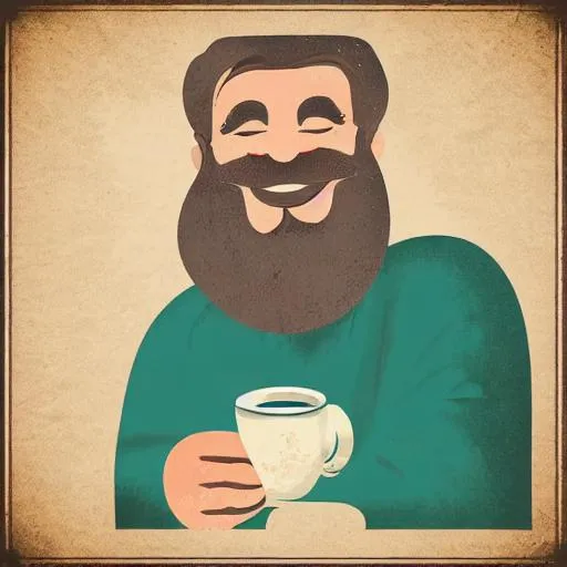 Prompt: 60 year old  bearded man holding coffee cup, smiling, poster, illustration vintage