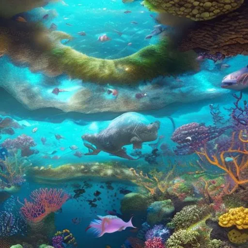 Prompt: fantasy inspired underwater landscape, bliss, cosmic, mysterious, sunken, endless, mesmerizing, infinite, 8k, hyper detail, extreme detail,undersea town ,aquaculture