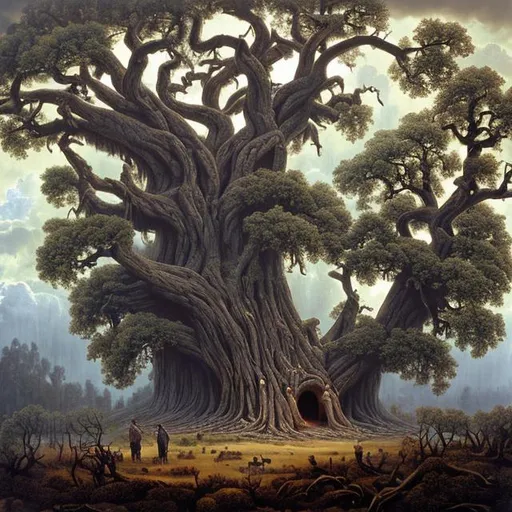 Prompt: a landscape painting of a colossal hollow tree, sheltering Native Americans taking refuge from a rainstorm within its ancient branches. By Clark Kelley 
