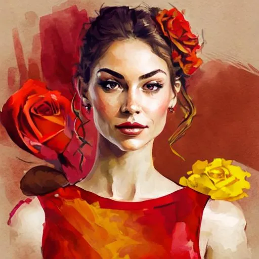 Prompt: pretty woman wearing red with peach and yellow roses in background , closeup