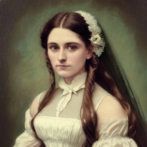 Prompt: portrait of a beautiful Victorian woman with long brown hair and dark green eyes wearing a wedding gown