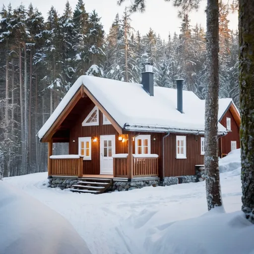 Prompt: In Norway a cabin in the middle of a snowy forest, cozy home background, wooden cottage, solitary cottage in the woods, cottage in the woods, luxurious wooden cottage, cosy enchanted scene, quaint, cozy and calm, cottage in the forest, cozy place, cozy atmosphere, beatiful house, soothing and cozy landscape, a brick cabin in the woods, little cottage