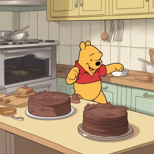 Prompt: Winnie the Pooh baking a Chocolate cake, 4k, high quality, good stove, inside a kitchen