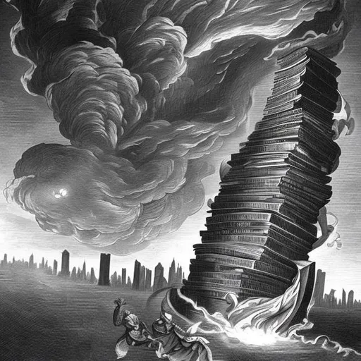 Prompt: a tornado of books on the horizon destroying the tower of babalon
