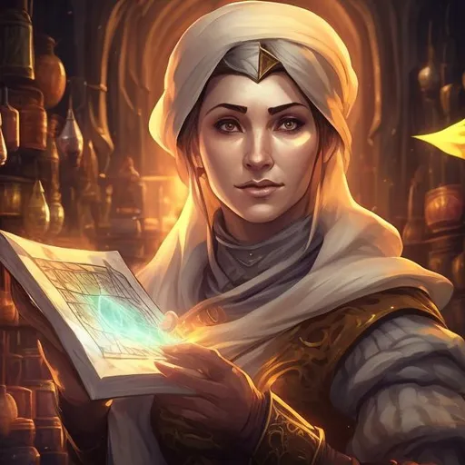 Prompt: Create for me a fantasy art picture of a 35-year-old, shrewd, sharp-tongued human female shopkeeper. Make her stern and calculating. She should be wearing merchant attire.