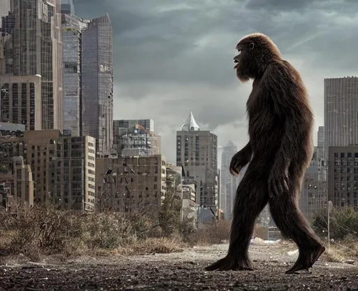 Prompt: High definition photo of sasquatch walking through a desolate cityscape 