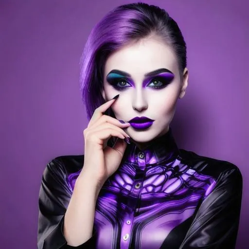 Prompt: beautiful woman, wearing futuristic purple and black shirt, purple make up, colorful brithning background