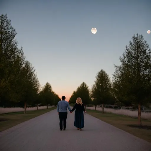 Prompt: A couple walking holding their hands on tranquil street with full moon in sky