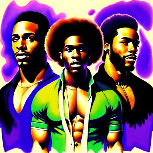 Prompt: group of 5 black male singers, psychedelic 1970s style album cover