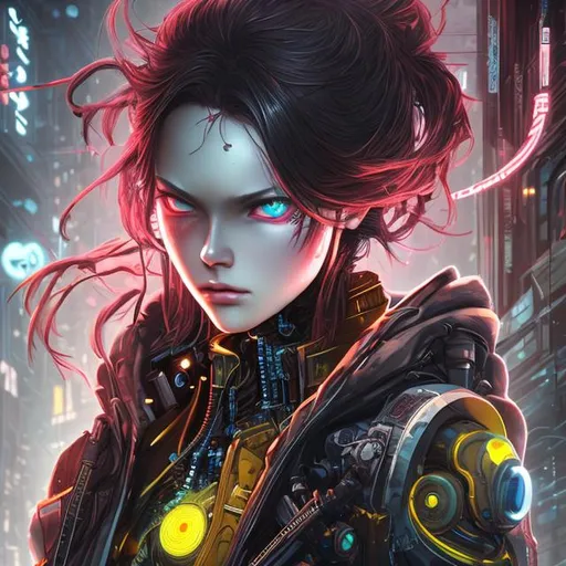 Prompt: robot, digital art, cyberpunk, castlevania,  chinese girl, facing, yellow, half portrait. woman, anime,  blosson, Cherry tree, detailed, eyes, high detailed