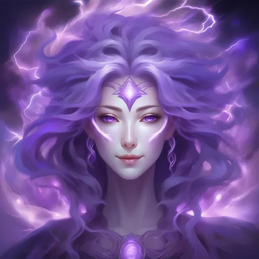 Prompt: Masterpiece, best quality, follows prompt exactly. Anime artstyle. Portrait of the Goddess of creation, light, and lightning in her abstract true form, with long wispy lavendar hair, semihuman, beyond human, wisp like, abstract, three dark purple eyes, lovely smile, purple lightning theme, third eye, mature figure, third eye on forehead, eye, vertical third eye on forehead, vertical third eye