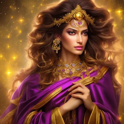 Prompt: HD 4k 3D 8k professional modeling photo hyper realistic beautiful leader woman ethereal greek goddess of law and order
yellow hair brown eyes gorgeous face olive skin shimmering purple robes with gems jewelry and olive branch tiara full body surrounded by magical glowing divine light hd landscape background temple scales of justice