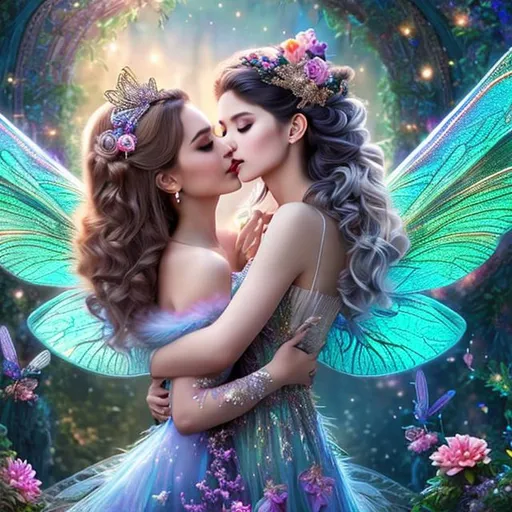 Prompt: masterpiece best quality hyperdetailed breathtaking colorful glamorous scene of 2 faerie girls flying hugging joyful hopeful in the fantasy glowing forest, kissing, petite young body, beautiful detailed glamorous off the shoulder floral faerie dress, hyperdetailed intricate flying fluffy hair, stray hairs, glamorous symmetrical colorful dragonfly wing, glamorous colorful diamond heel, highly detailed beautiful face, highly detailed beautiful gloss lips, highly detailed beautiful eyes, hyperdetailed complex,

canon 5D 50 mm lens f/1.2 aperture, joyful, hopeful,

windy, glamorous sky, colorful glowing glamour sunshine, intricate glowing glamour colorful light reflection, a lot of hyperdetailed colorful glamorous tiny butterfly floating in the air, glamorous beautiful detailed shading, cinematic light, studio lightning, back light, cozy, fantastical nostalgic mood,

professional award-winning photography, volumetric lighting maximalist photo illustration 8k, resolution high res intricately detailed complex,

Beautiful kissing fairie  women, literally  peach skin tone, black and white clothes, legs floating, human body with bone shadows, right hand making peace pose, left arm holding the waist, pretty, covered in nightly glow with detailed silver features under the moon with illuminating moonshine beams, she has black and ginger hair in pigtails; high resolution, WLOP,
glamourous, high res, key visual, vibrant, precise lineart, panoramic, cinematic, masterfully crafted, 8K resolution, beautiful, stunning, ultra detailed, expressive, vibriant color, hypermaximalist, colorful, rich deep color, vintage show promotional poster, glamour, brush strokes, UHD, HDR, UHD render