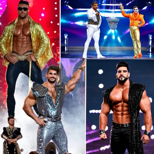 Prompt: 30 foot tall bodybuilder vs 7-foot-tall runway model, cars, planes, giants, Mambo, sequin, ripped clothes, super muscular, circus , giant, cloak, bare chest 